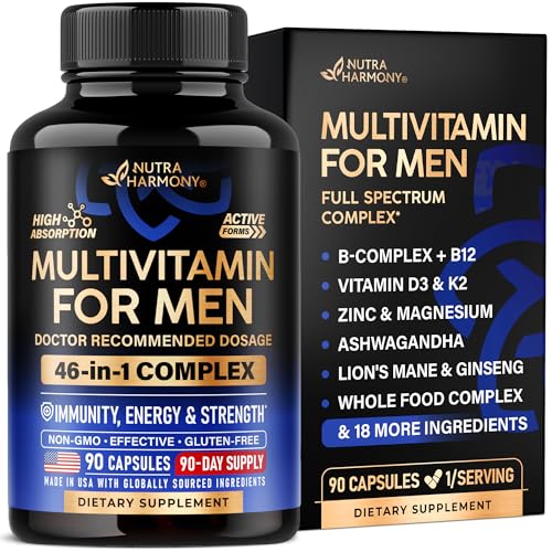 Multivitamin for Men - B-Complex | Whole Foods & Enzymes - Energy, Focus & Brain | Men's Health Complex - 46in1 Mens Multivitamin - Bioavailable & Gentle on Stomach - Made in USA - 90 Capsules, 1/Day