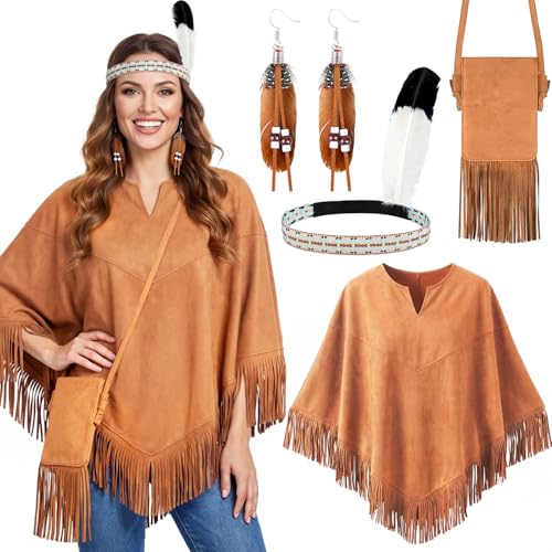 iZoeL Costume Indienne Femme Veste Style Cape Amérindien, Costume Carnaval/Halloween/Fête Femme - Hauts Sac Bandeau à Plumes Boucles d'oreilles