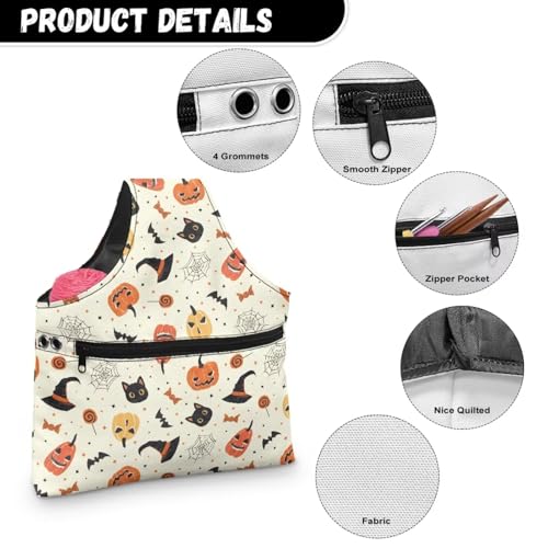 Image of KUIFORTI Halloween Crochet Bag Large Yarn Bags for Crocheting on The Go Crochet Hook Organizer Halloween Decor Knitting Bags Canvas Crochet Bags and Totes, Pumpkin Cat