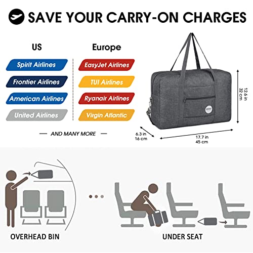 Image of WANDF Foldable Travel Duffel Bag Luggage Sports Gym Water Resistant Nylon (E-Denim Gray with Strap) | 18x14x8 inches, Frontier Airline Underseat Fit, Weekend Overnight Trips, Lightweight Packable