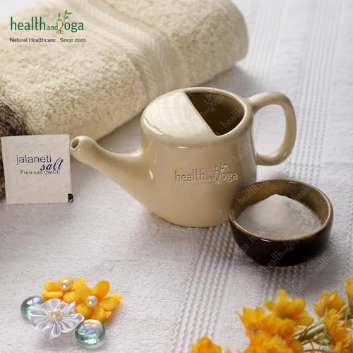 Image of HealthAndYoga FloJar Ceramic Jal Neti Pot (250 ml, Beige) + HealthAndYoga Jala Neti Salt Sachets (Pack of 10)- Saline Nasal Wash Yoga Detox -for Common Cold, Dust & Pollution-Spill-Proof Design