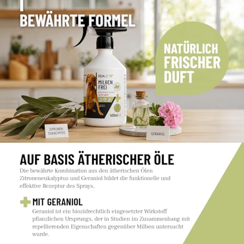 TESTURTEIL SEHR GUT ReaVET Anti Milben-Spray für Hunde, Katzen & Pferde 500ml - Milbenspray mit Soforteffekt gegen Juckreiz & Befall, Antimilbenspray I Milbenschutz zur Abwehr von Milben & Parasiten