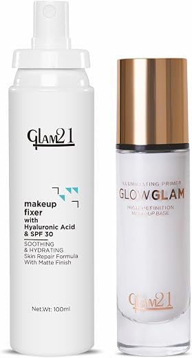 Glam21 Primer &amp; Makeup Fixing Duo – GlowGlam Illuminating Primer &amp; Makeup Fixer with Hyaluronic Acid &amp; SPF 30 | Hydrating,...