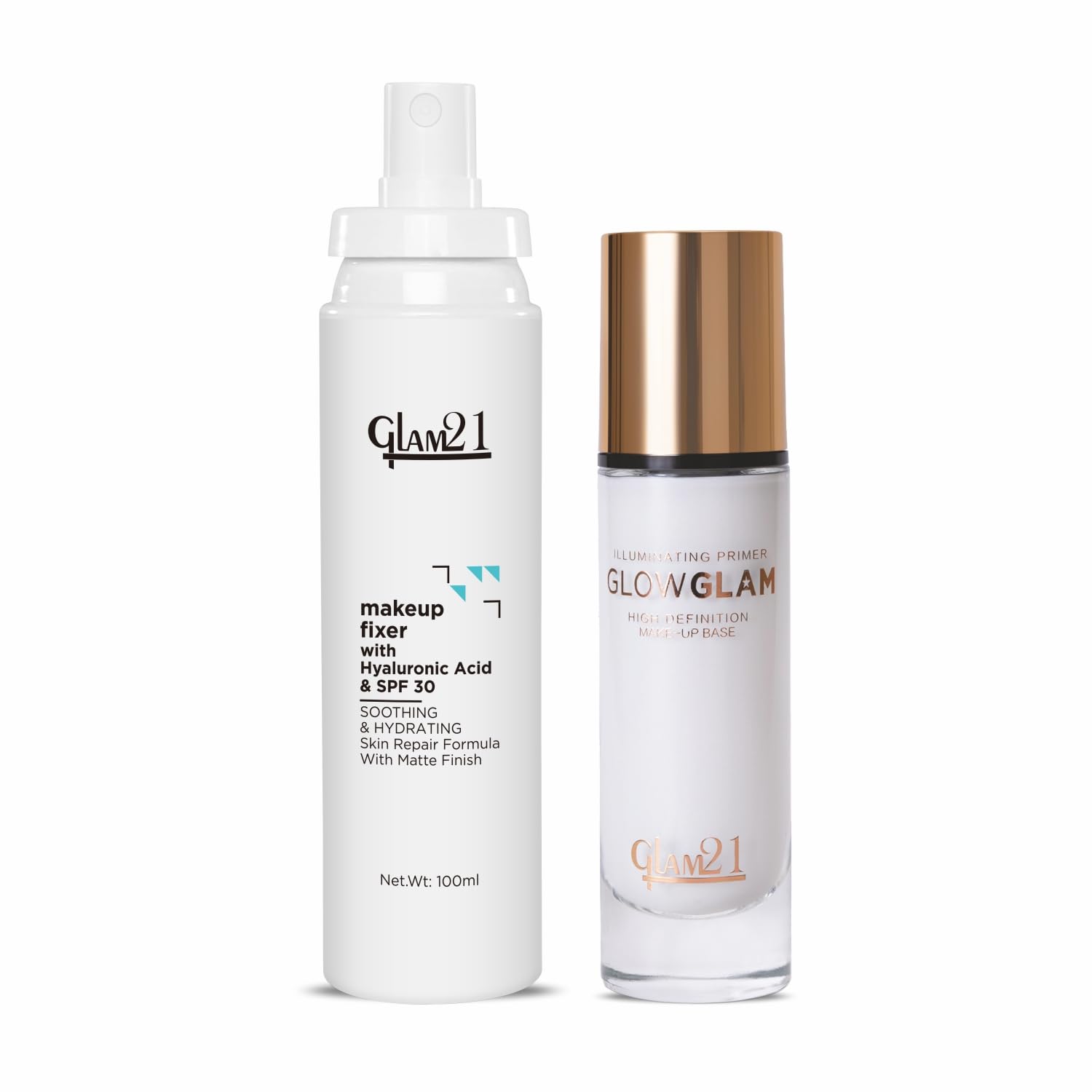 Glam21 Primer & Makeup Fixing Duo – GlowGlam Illuminating Primer & Makeup Fixer with Hyaluronic Acid & SPF 30 | Hydrating,...