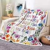JAWO Colorful Floral Throw Blankets, Vibrant Boho Garden Flower Inspirational Motivation Letter Warm Cozy Bed Couch Blanket, Soft Comfy Fleece Flannel Throws Blankets Livingroom Bedroom Decor