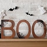 Bucherry 3 Pcs Halloween Boo Sign Table Decorations Wooden Happy Boo Day Indoor Tabletop Shelf Decor Retro Tier Tray Decor Rustic Farmhouse Vintage for Halloween Party Home Display