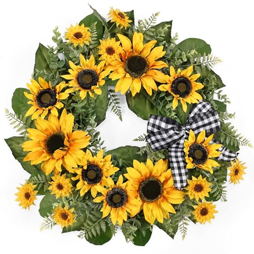 24 Inch Large Sunflower Spring Summer Wreath for Front Door All Season Wreath with Bow Wreaths for Unique Housewarming Gift Porch Wall Farmhouse Home Wedding Holiday Decor