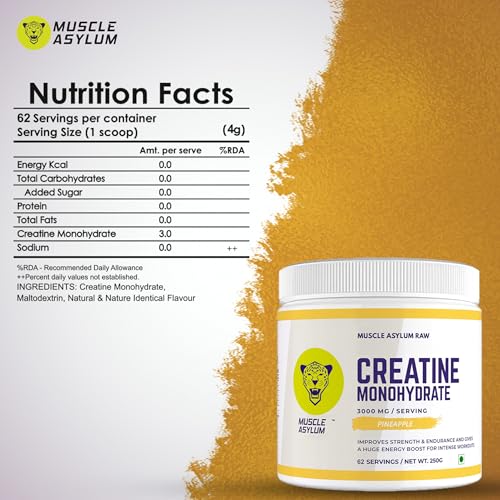 Image of Muscle Asylum Pure Creatine Monohydrate | 250g, 62 Servings | Pineapple | With Genuine Lab Reports | Enhanced Muscle Strength & Power | Fast Recovery | Increased Muscle Mass