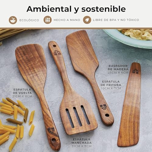 Espátulas Madera Para Cocinar - Juego de 4 Utensilios de Cocina Madera de Teca, incluye Espátula volteadora, ranurada, raspador y para freír. Accesorios Cocina - Duraderos y Antiadherentes - imagen 7