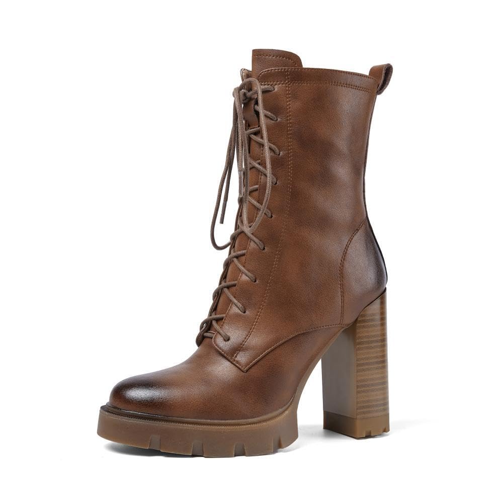 TinaCus Women's Handmade Genuine Leather Retro Round Toe Lace Up Side Zipper Platform High Heel Combat Boots