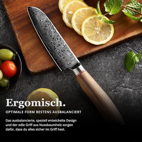 Foto von zayiko Kurumi Premium kleines Santokumesser mit 12 cm Klinge gefertigt aus 67 Lagen echtem Damaststahl mit Nussbaumgriff I Holzbox I Damastmesser Küchenmesser und Profi Kochmesser