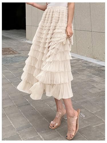 SHENHE Women's Tiered Mesh Tulle Skirt High Waisted A Line Flowy Layered Mid Tutu Skirt3