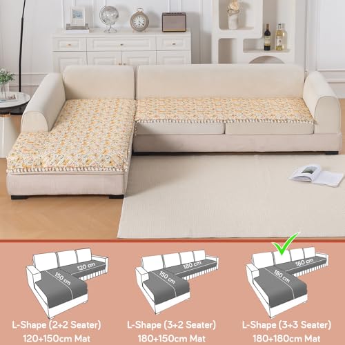 Image of HOKIPO Sunlit Butterfly L Shape (3+3 Seater) Sofa Seat Mat with Tassel| Quilted Sofa Cover Mat, 'Tassel Twigs' Series (IN-986-T3*2)