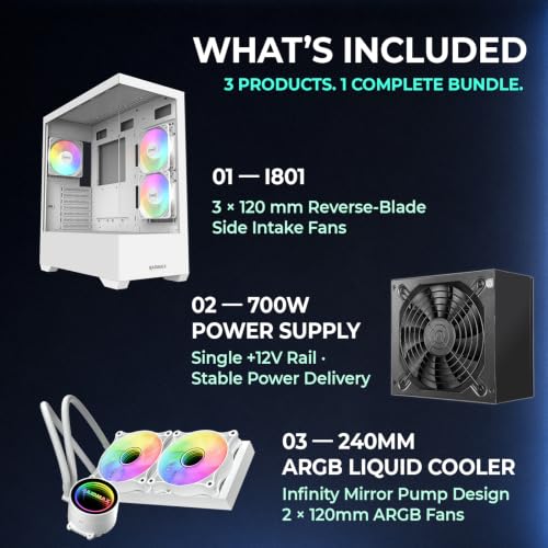 Gabinete Raidmax i801 Aqua View con panel de vidrio templado, diseño panorámico sin estructura de esquina, incluye 3 ventiladores ARGB y soporte para refrigeración líquida de 360 mm y GPU de 400 mm (Combo blanco) miniatura 2