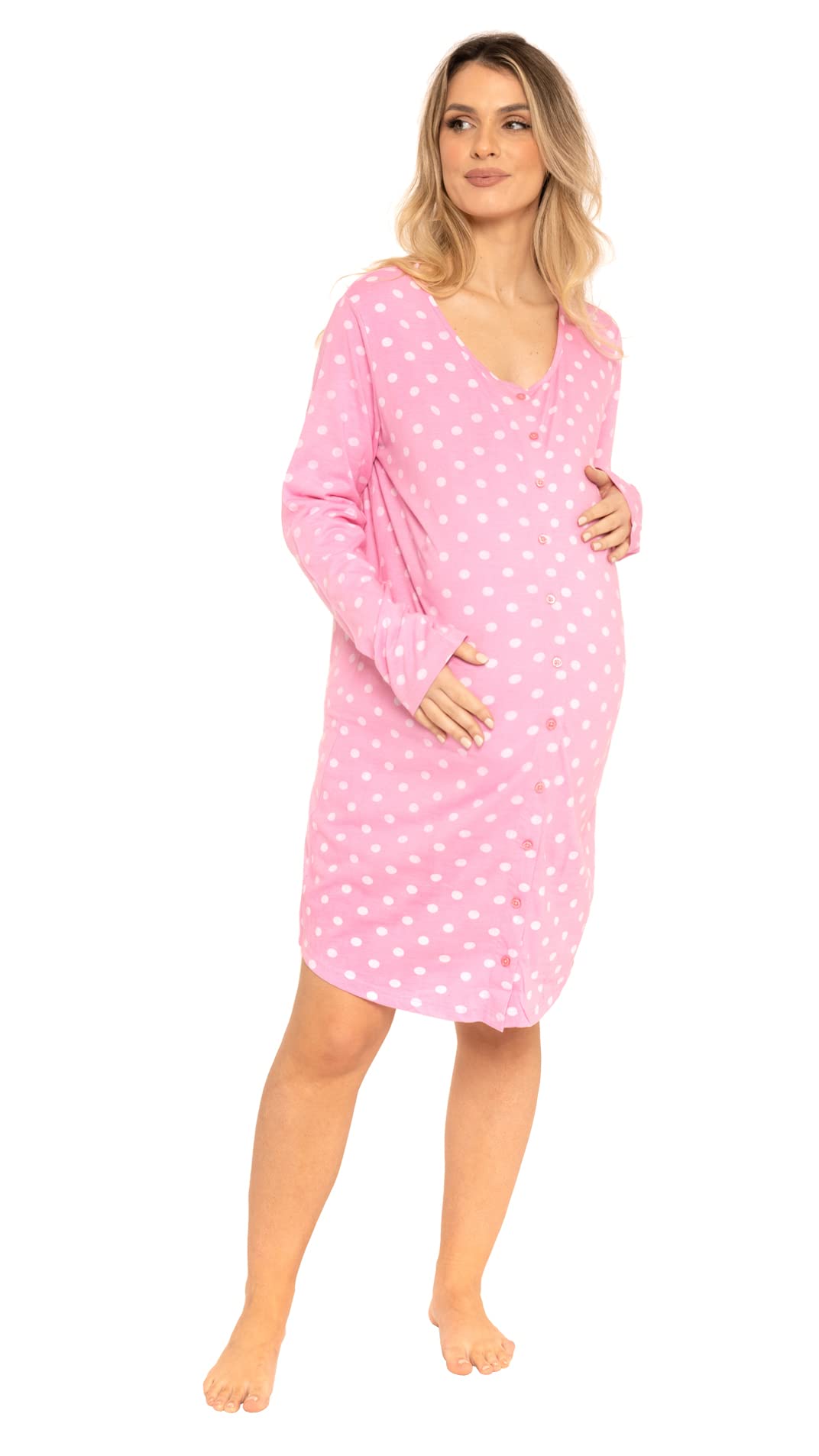 Nikaro Women's Pink Long Sleeve Elastic Soft Maternity Nightdress Polka Dot Button Through 100% Cotton Nightie Dress (20-22)