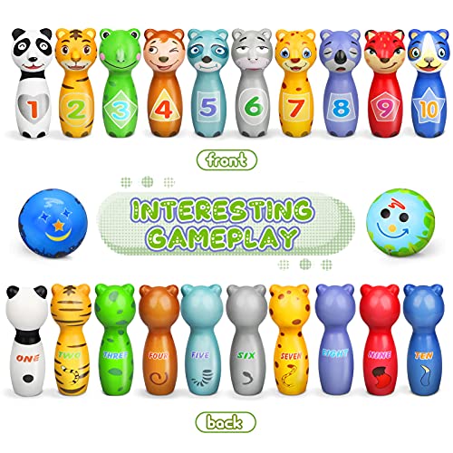 Sanlebi Kids Bowling Set - Soft Foam 10 Pins and 2 Ball with Cute Animals Number Indoor Outdoor Play Game Educational Bowling Toys for Boys Toddlers - Thumbnail 2