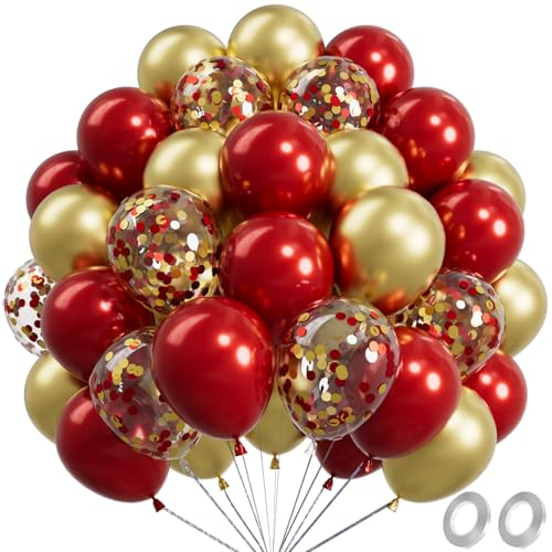 Image of Metallic Shiny Red and Gold Balloons 12 Inch 67PCS Red Gold Confetti Balloons Latex Helium Balloon Set for Graduation Anniversary Wedding Birthday Party Decorations