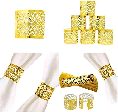 Juliyeh 100 Pcs Premium Napkin Rings Laser Cut Foil Paper Napkin Holder for Wedding Party Dinner Table Decor,Special Events and Catering Services , Gold;silver (MJK-46)