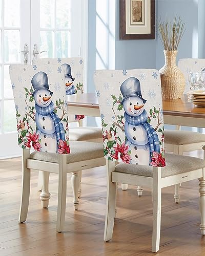 AMZRicher Blue Snowman Christmas Chair Back Covers for Dining Chairs 4 Pack, Washable Removable Chair Slipcover Back Chair Protector for Wedding Party Baby Shower Xmas Poinsettia Berry Snowflake