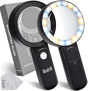 BUSATIA Magnifying Glass 30X, 18LED Handheld Large Magnifying Glass with light, 100mm/4in Glass Magnifier with 3 Modes, Illuminated Magnifying Glass for Reading, Hobbies (Black)