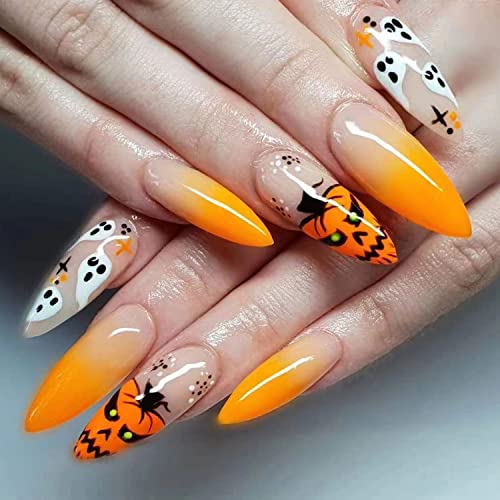 Halloween Press On Nail Yellow Halloween Fake Nail Stiletto Almond Acrylic Nail For Women Sticker On Nail With Glue Full Cover False Nail For Halloween Party,24Pcs False Nail #TOP5