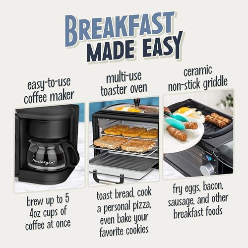 Nostalgia 3-in-1 Retro Breakfast Station - Includes 5 (4 Oz) Cup Coffee Maker, Non-Stick Ceramic Griddle, and 4-Slice Toaster Oven - Built-In Timer, Reusable Coffee Filter, Space-Saving Design - Black - image 3