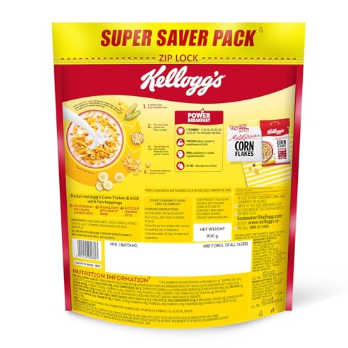 Image of Kellogg's Corn Flakes Original | Power of 5: Energy, Protein, Iron, Vitamins B1, B2, B3 & C| Corn Flakes, Breakfast Cereal | Naturally Cholestrol Free875g /900g(Weight may vary)