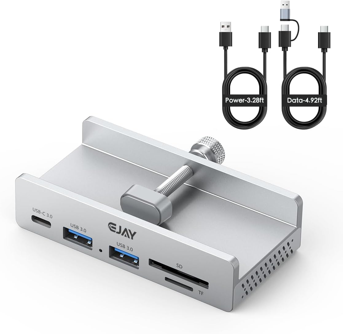 EJAY Clamp USB Hub 5-in-1 USB C Hub 4.92ft Cable for iMac & PC