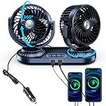 NIFBANG Car Fan 12v 24 volt Universal,Dual Head 270°Auto Oscillating Cigarette Lighter Cooling Fan For Vehicles [Comes with 2 USB Charging Ports],360°Rotation Car Fans that Blow Cold Air for SUV RV