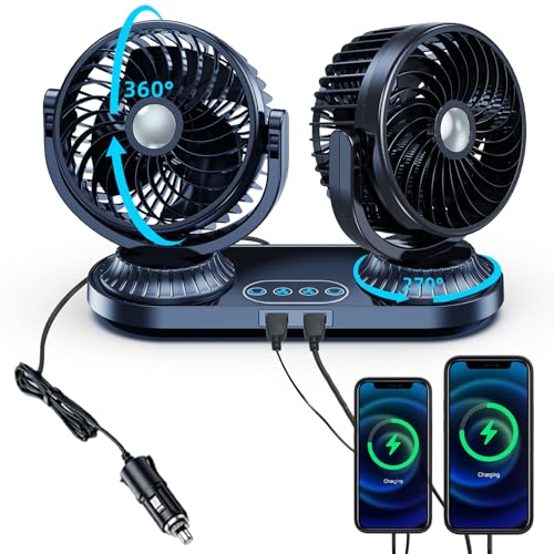 NIFBANG Ventilador de coche de doble cabezal de 12 V, 24 voltios, universal, oscilante de 270°, ventilador de refrigeración para vehículos [con 2 puertos de carga USB], ventiladores de coche de