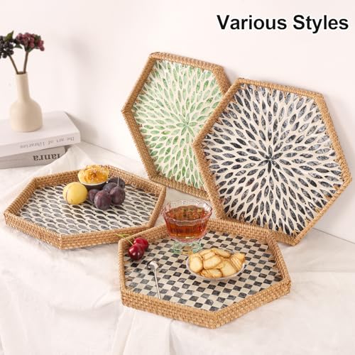 Tynulox Hexagon Rattan Tray with Mother of Pearl Inlay, Rattan Serving Tray for Coffee, Bread, Fruits, Snacks, Decorative Wicker Tray for Table Decor, Home Decor (Black Checker, 14.5\"×12.8\")