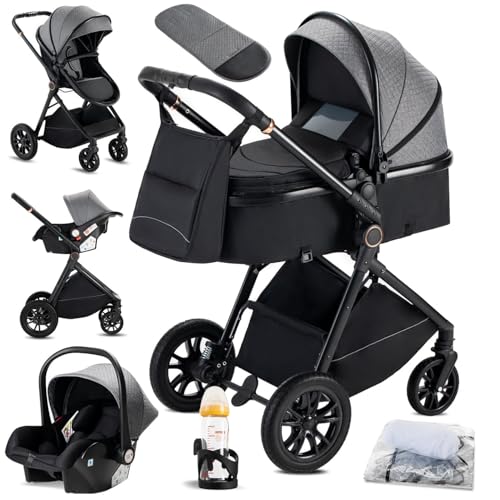 KAVELLIN Kinderwagen 3 in 1 komplettset, Zusammenklappbar Kinderwagen, kombikinderwagen Reisesysteme mit Babyschale 3 in 1 Kinderwagenset for 0-36 Monate, Grau