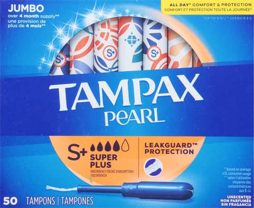 Image of Tampax Pearl Tampons Super Plus Absorbency, with Leakguard Braid, Unscented, 50 Count (Pack of 2)