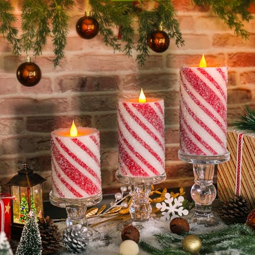 Christmas Flameless Pillar Candles Decor - 3PCS Candy Cane Stripe Real Wax Red and White LED Candles with Battery Operated for Home Christmas New Year Winter Wedding Party Decoration or Gift