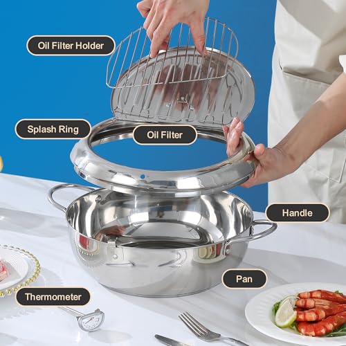 Image of FIRE RIOT Deep Fryer Pot 4.3L / 4.54 Qt (145 oz), Japanese Tempura Frying Pot with Thermometer & Lid, 304 Stainless Steel Fryer with Oil Drip Drainer Rack for French Fries, Chicken, Shrimp & More