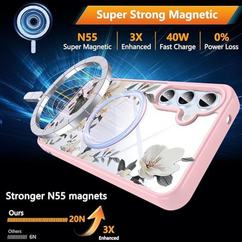 Image of VONZEE Compatible with Samsung Galaxy A35 5G Case Luxury Retro Flowers Floral Clear for Magnetic Wireless Charging Case Shockproof PC+TPU Cute Glossy Shiny Cover for Girls Women, Pink