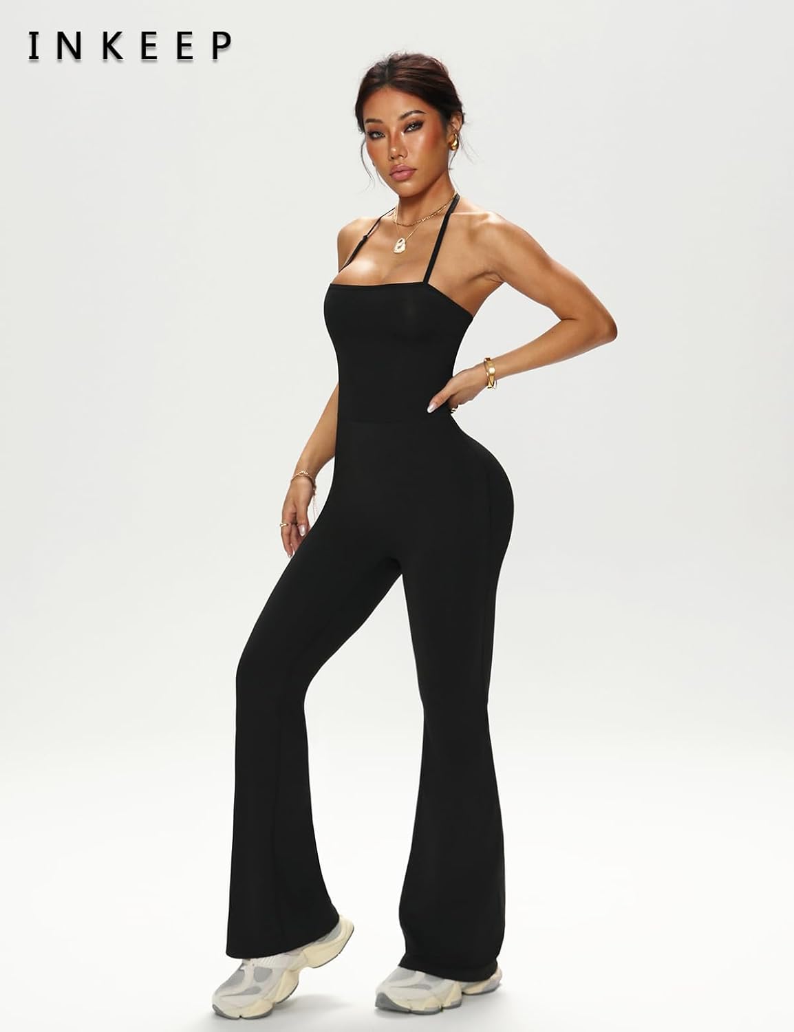 Women's Jumpsuit Adjustable Spaghetti Strap Romper Flare Leg Bodycon One Piece with Scoop Neck Tummy Control Jumpsuit - Image 4