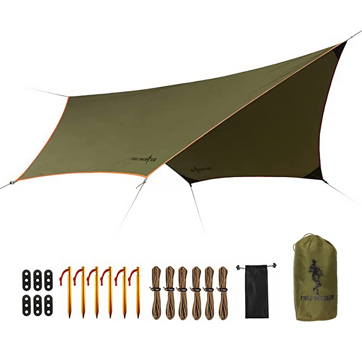 FREE SOLDIER Waterproof Portable Tarp Multifunctional Outdoor Camping Traveling Awning Backpacking Tarp Shelter Rain Tarp (Greenish Brown 6 Loop 10×12ft)