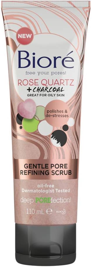 Biore Rose Quartz and Charcoal Gentle Pore Refining Face Scrub for Oily Skin, 110 ml (Pack of 1)