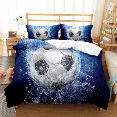 BJCJGGL Parure de Lit 220x240 Adulte Ballon De Football Bleu Housse de Couette 2 Personnes avec Fermeture Éclair et 2 Taie d'oreiller 65x65 cm - Doux Respirant Microfibre Housse de Couette