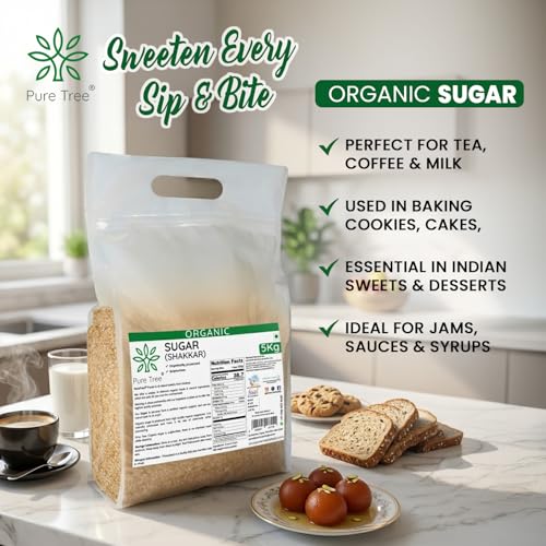 Image of Pure Tree Certified Organic Sugar | 5 Kg / 5000 g | Sulphurless Cheeni, Shakkar | Gluten-Free Chini Processed From Sugarcane