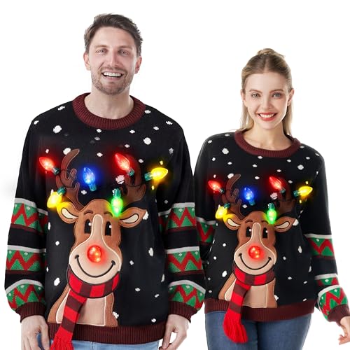 JOYIN Ugly Christmas Sweater Women Men Couples, LED Light Up Ugly Christmas Sweater Kids 2025 Reindeer(Black by JOYIN - Used condition - US$32.23
