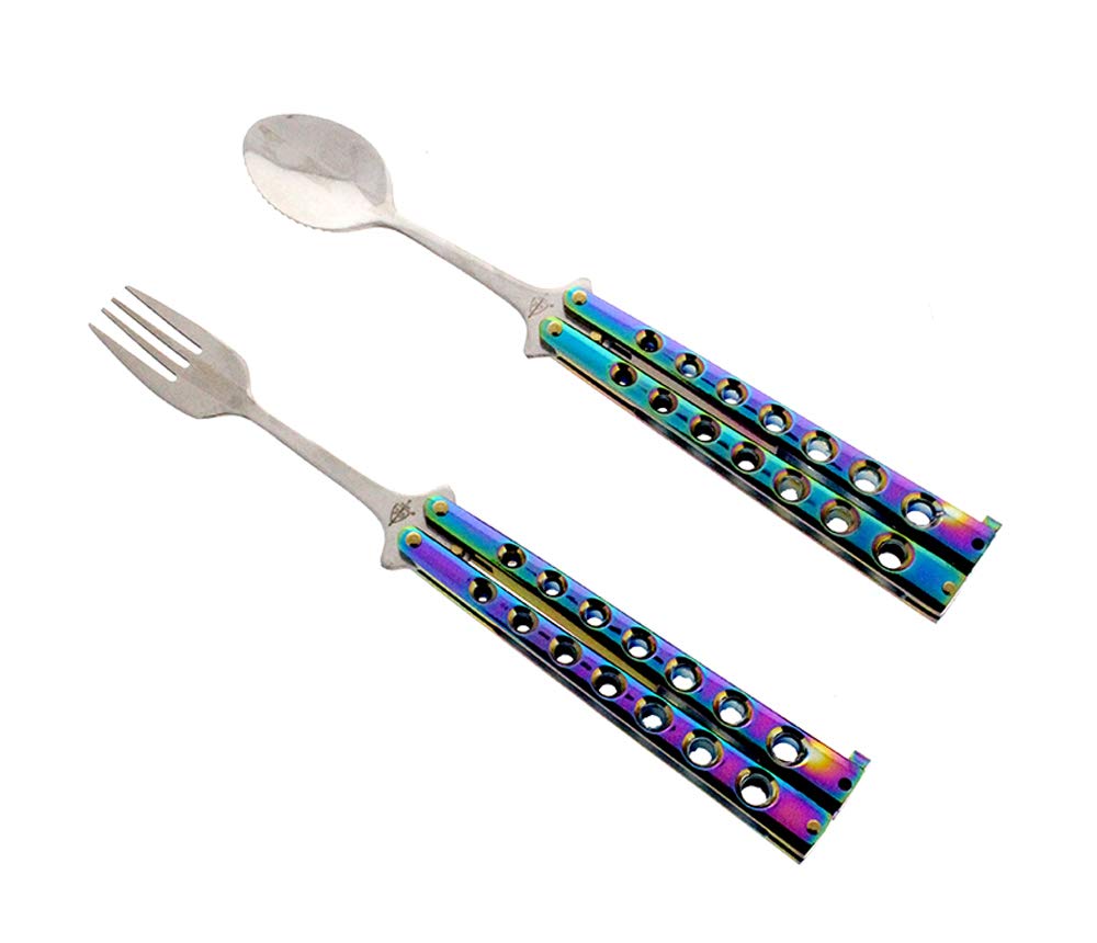 PinbWD Butterfly Fork And Spoon Set For Hunting, Camping and Hiking Purposes. (Rainbow)