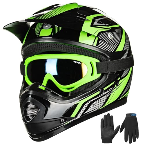 ILM Casco de Motocross para Niños con Gafas Guantes Todoterreno ATV Off Road ECE B07,Verde Negro,Joven-S