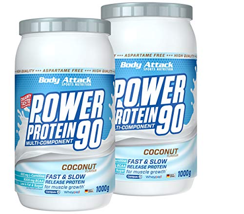 Body Attack Power Protein 90, Coconut Cream 2 x 1 kg - Made in Germany - 5K Eiweißpulver mit Whey-Protein, L-Carnitin und BCAA für Muskelaufbau und Fitness