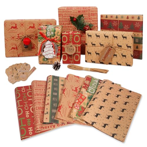Haipicho 12 Sheets Christmas Wrapping Paper Set - 70x50cm Recycled Kraft Sheets with 10 Tags & 10m Twine - 6 Vintage Designs Eco Friendly Gift Wrap for Men Women Kids (Folded Flat) - Image 2