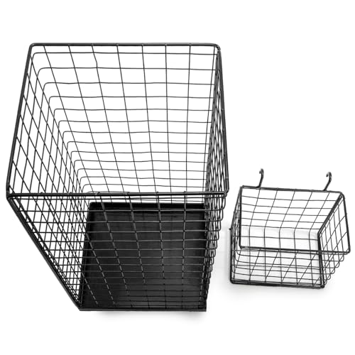 Frcctre Metal Umbrella Holder, Free Standing Square Umbrella Stand Rack for Entryway, 16\" x 8\" x 7\" Metal Grid Umbrellas Organizer Bin with 2 Removable Hanging Baskets, Home, Office, Black