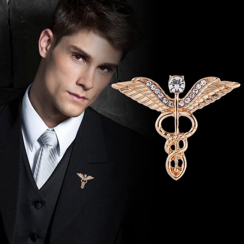 Image of Dreuyet Medical Caduceus Angel Nurse Brooch Pins for Nurse Doctor Medical Symbol Stethoscope Snake Caduceus RN Nursing Badge Crystal Brooches Lapel Pin Wand Brooch Doctor Nurse Therapist Appreciation Jewelry Gift