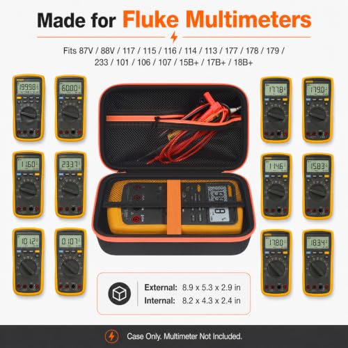 Image of Comecase Case for Fluke 87-V /88V /15B+ /17B+ Digital Multimeter | Hard Shell Carrying, Shockproof Protective Travel Storage Bag, Mesh Pocket for Accessories, Black + Orange Zipper
