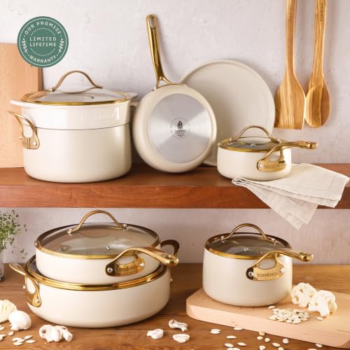 Bloomhouse 15-Piece Ceramic Nonstick Cookware Set, Two Time Oprah's Favorite Things, Heavy-Gauge Aluminum Pots and Pans Set, PFAS & PFOA & PTFE Free Ceramic Cookware, Oven Safe to 500°F, Almond Cream - Image 2